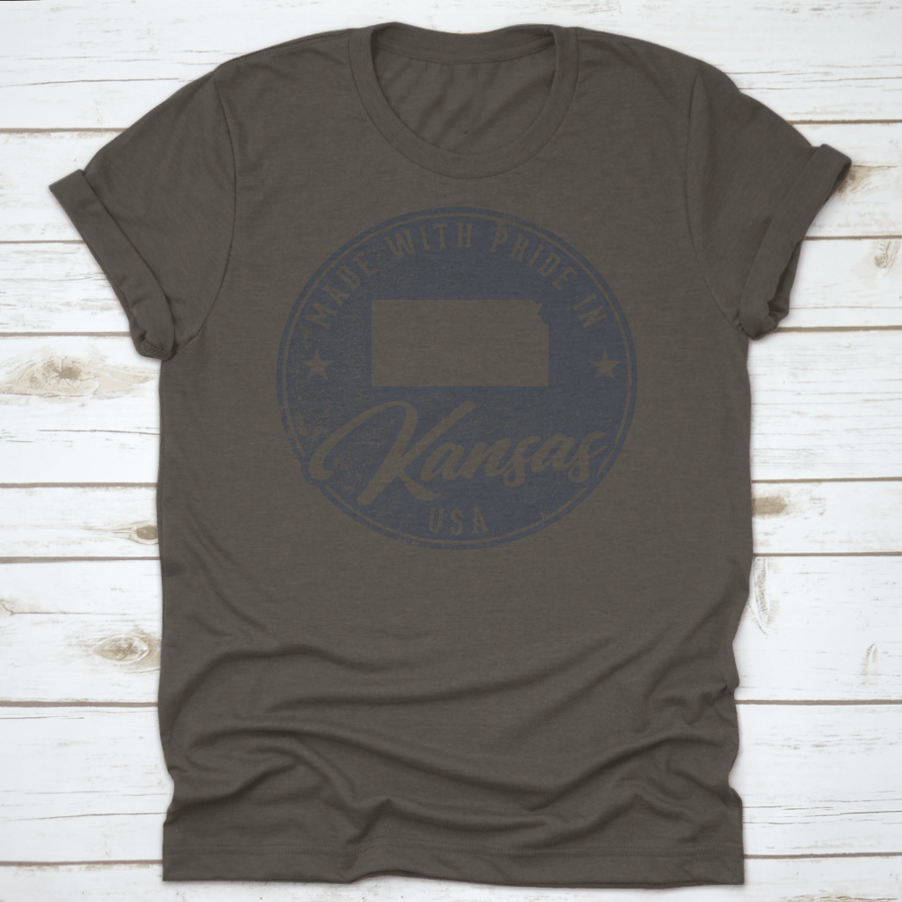 A comfortable t-shirt made from 100% cotton, featuring a Kansas state map packaging label, showcasing its quality and classic fit.